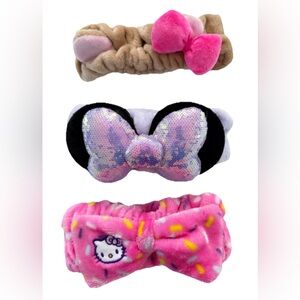 Lot of 3 Plush Bow Headbands Minnie Mouse, Hello Kitty & Teddy Bow Spa/Makeup